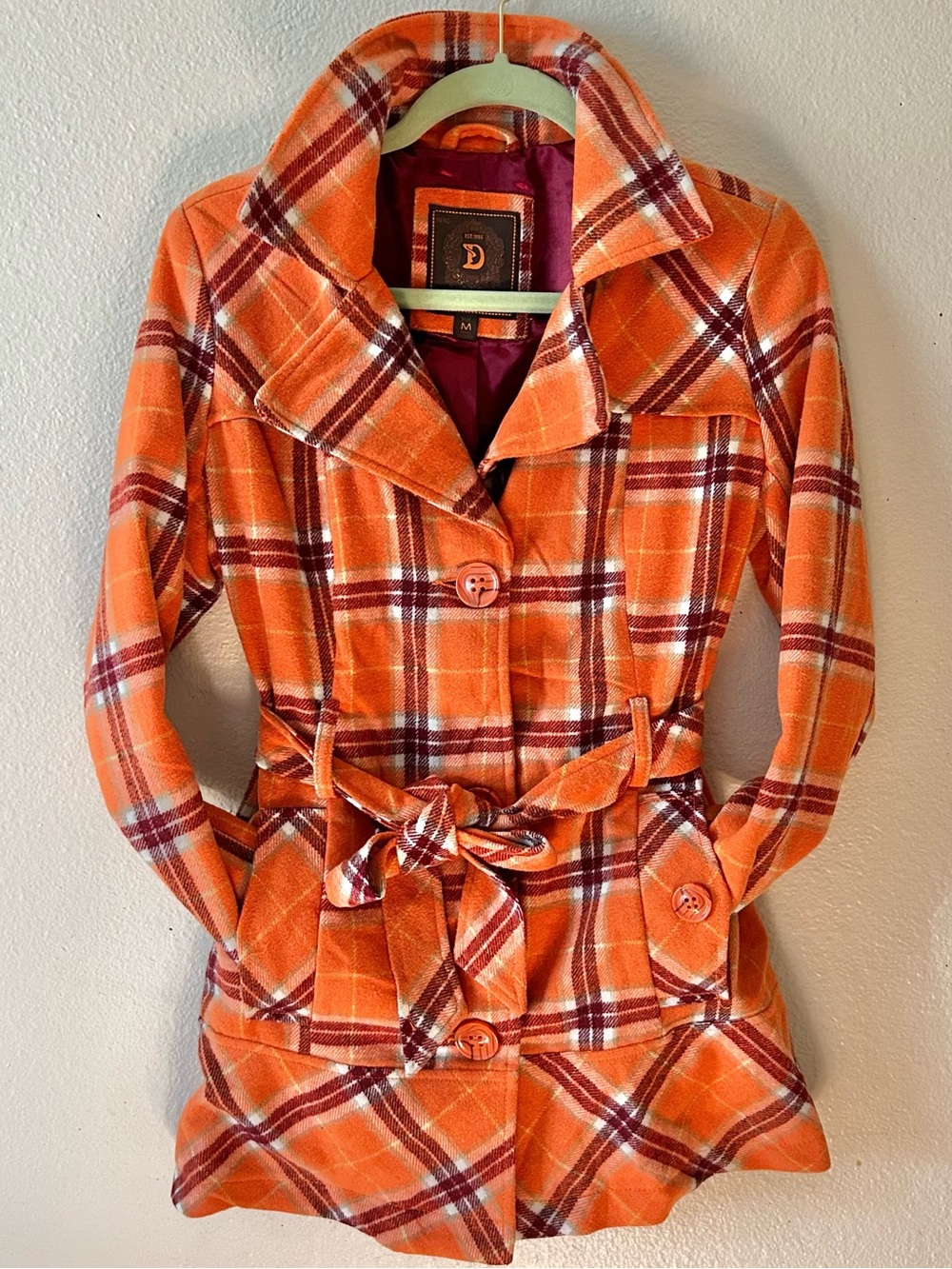 Dollhouse Orange Plaid Belted Peacoat